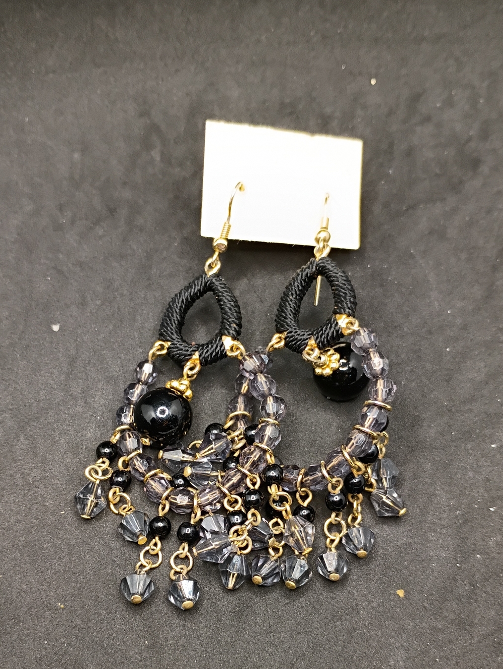 Black and Gold Beaded Tassel Drop Earrings
